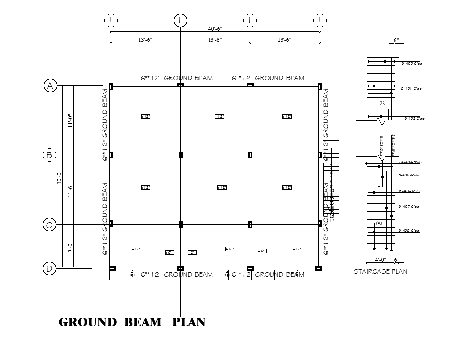 Ground beam plan of 40’x32’ house plan is given in this Autocad drawing file. Download now.
