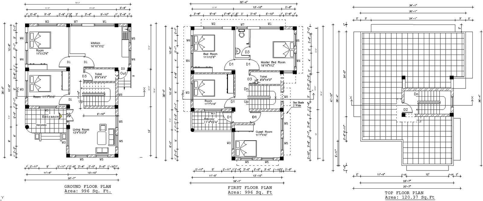 Ground to top floor house plan layout in DWG format