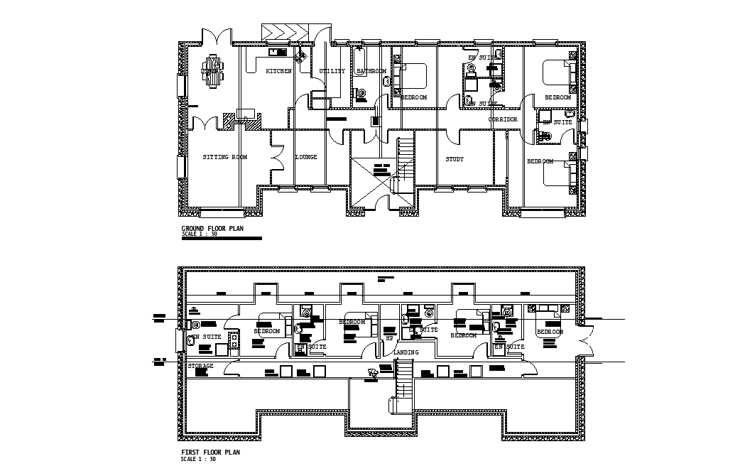 Ground floor and first floor of duplex house plan is given in this 2D Autocad DWG drawing file. Download the 2D Autocad DWG drawing file.