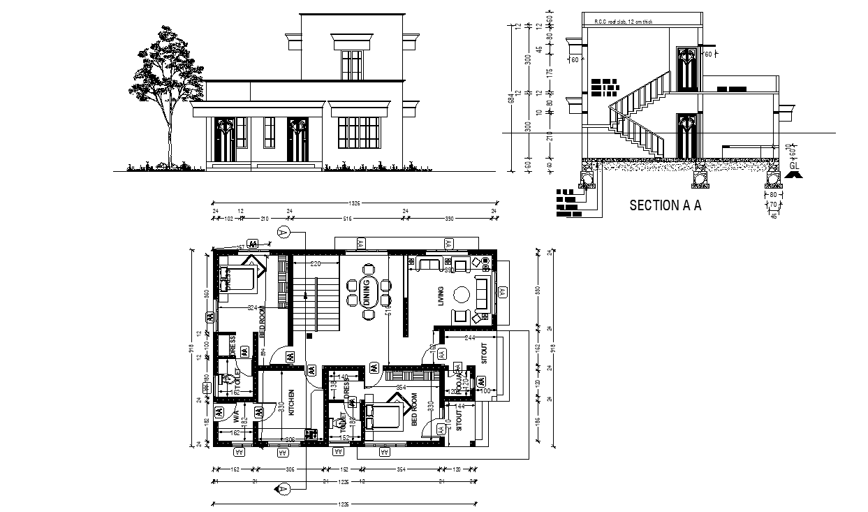 Ground floor and single room first-floor 2bhk house plan DWG file.