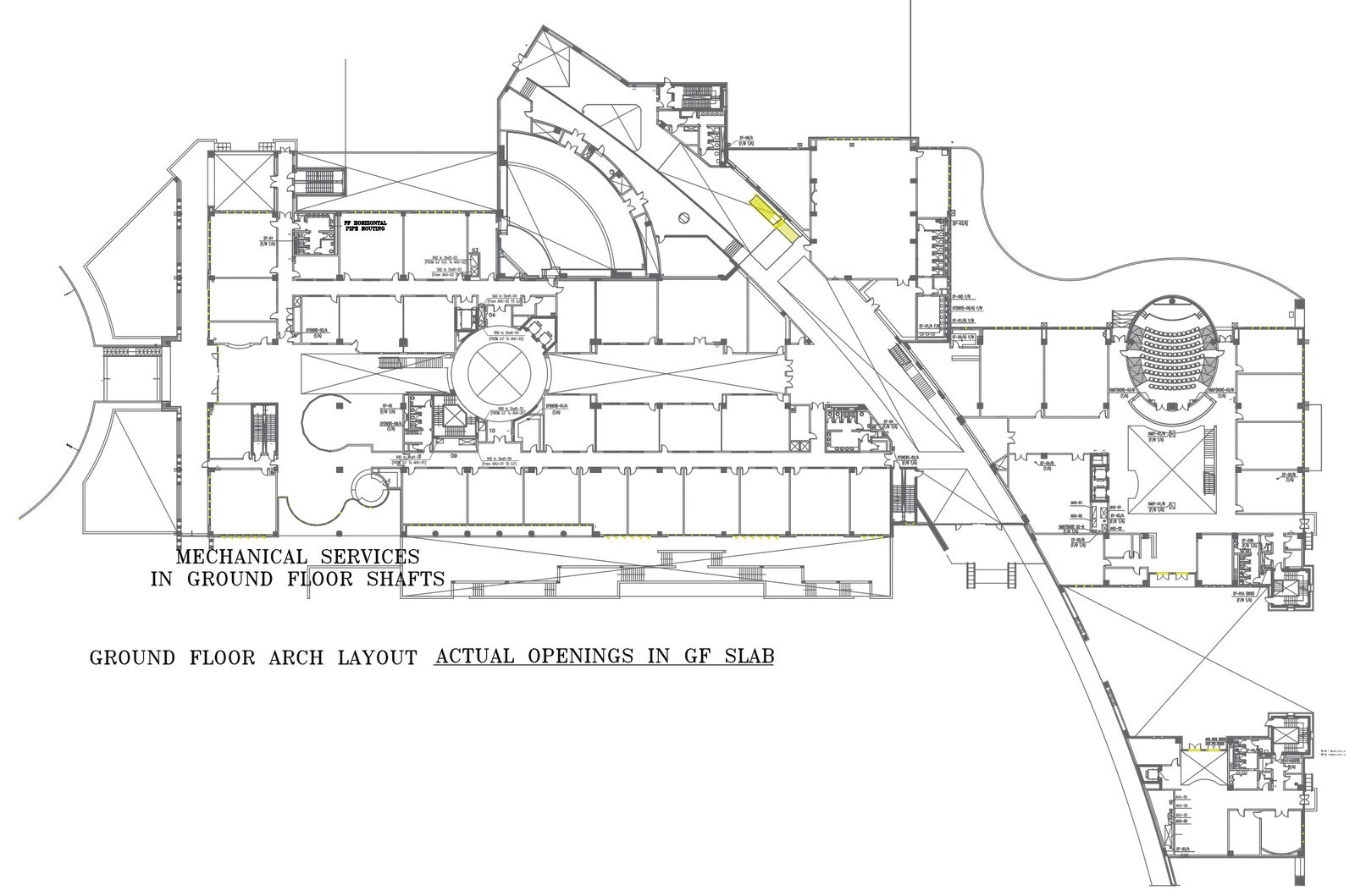 Ground floor arch layout and actual opening in ground floor slab with shafts detail dwg autocad drawing .