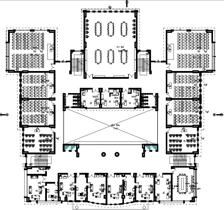 Ground floor furniture layout details of a university in AutoCAD 2d drawiing.
