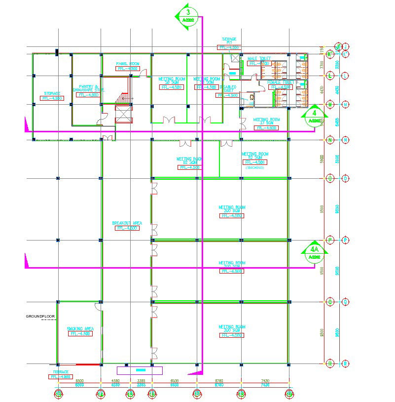 Ground floor layout plan of the commercial building is given in AutoCAD 2D drawing, CAD file, dwg file