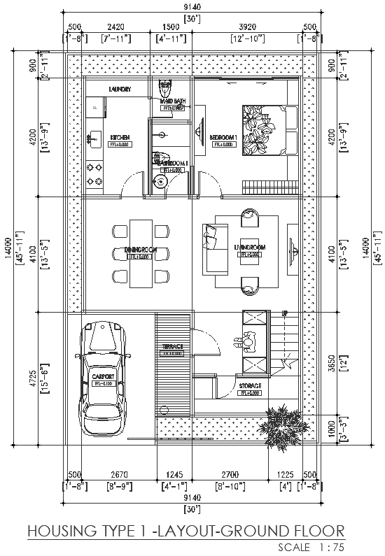 Ground floor of house design with parking area detailed plan DW AutoCAD drawing