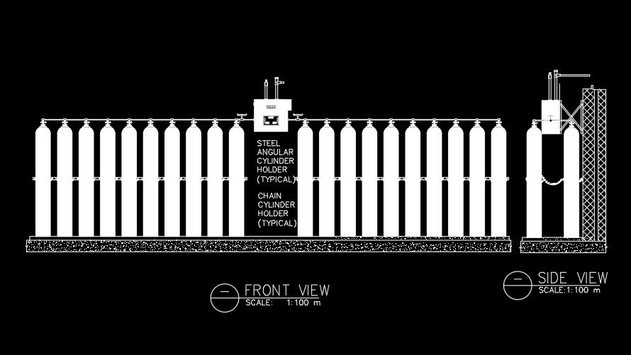 Ground floor oxygen cylinder room front view is given in this AutoCAD file