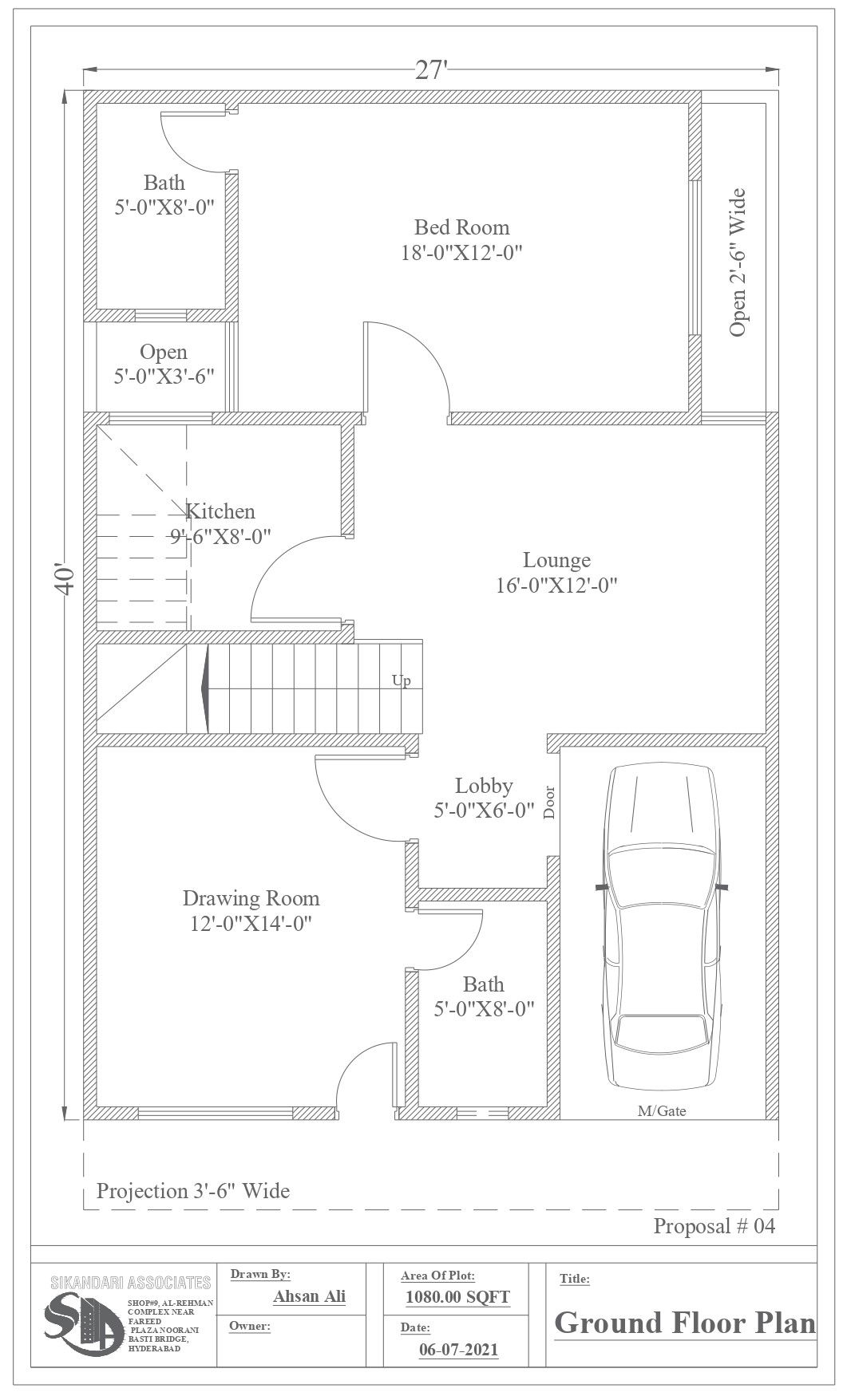 Ground floor plan by architect ahsan ali in hyderabad dwg autocad drawing .