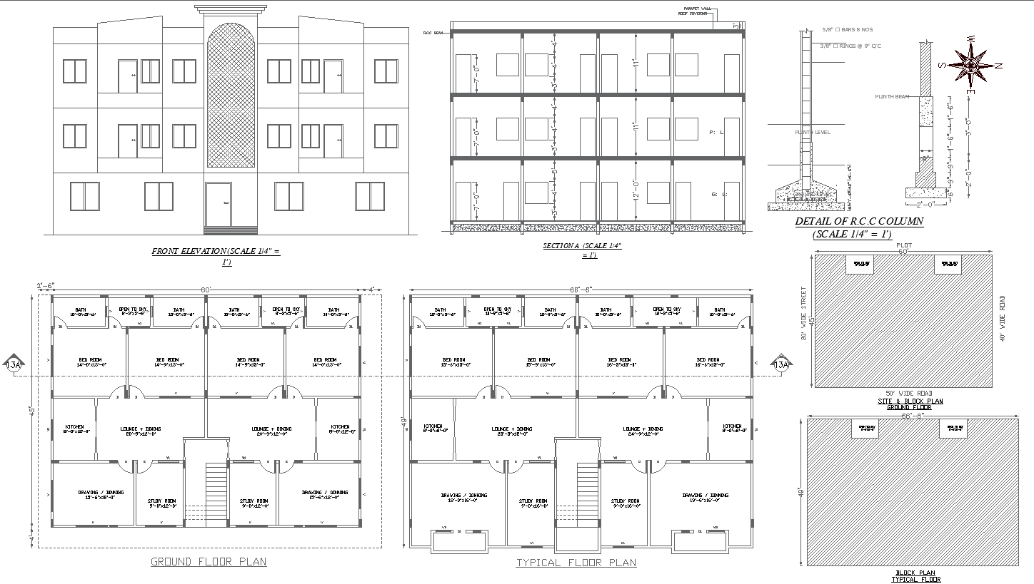 Ground floor plan first floor plan and elevation for three floor building dwg autocad drawing.