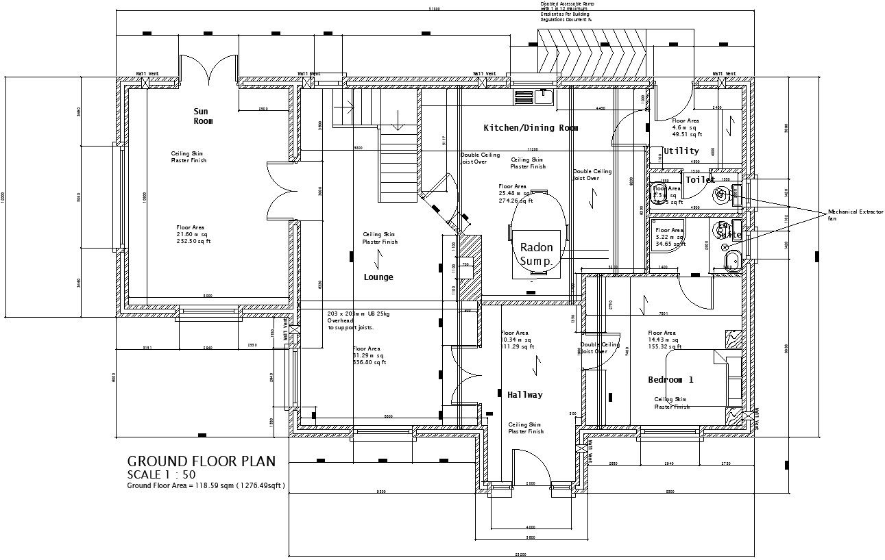Ground floor plan of 1296sqft with dimensioning details.