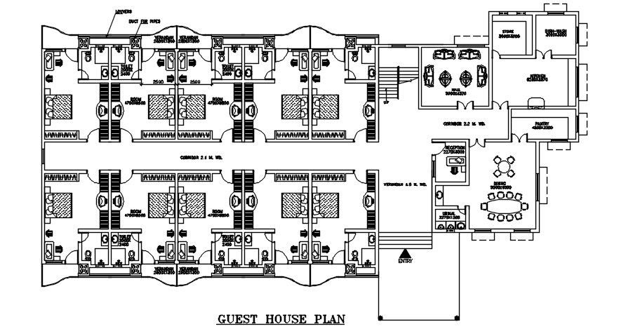 Ground floor plan of guest house is given in this 2D AutoCAD DWG drawing file. Download the Autocad DWG drawing file.