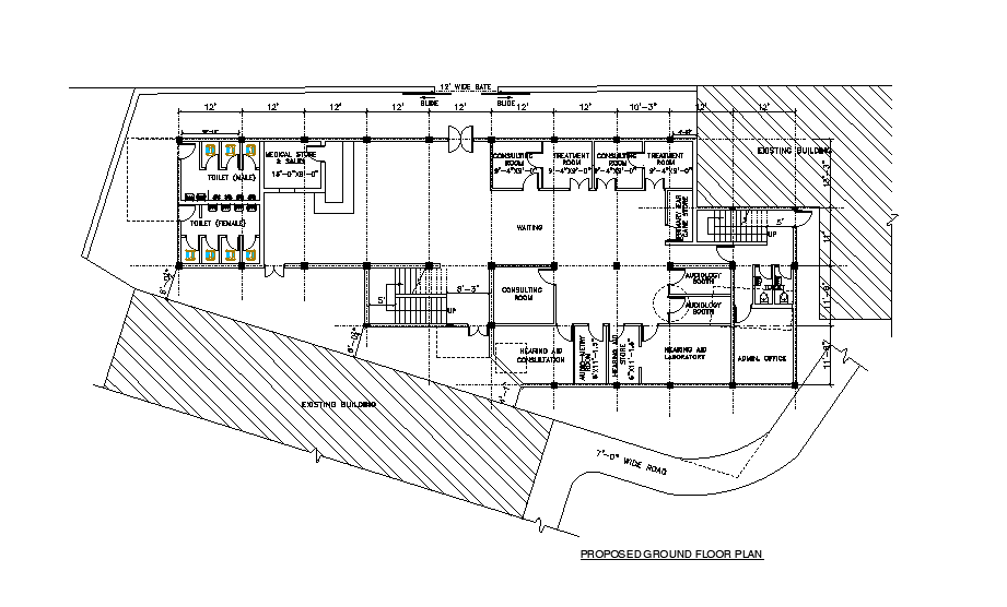 Ground floor plan of the ENT hospital plan is given in this Autocad drawing model. Download the Autocad drawing file.