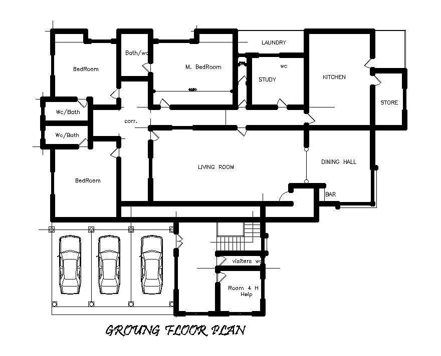 Ground floor plan with car parking is available in this Autocad drawing file. Download now.