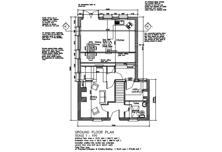 Ground floor plan with furniture layout in AutoCAD, dwg file.