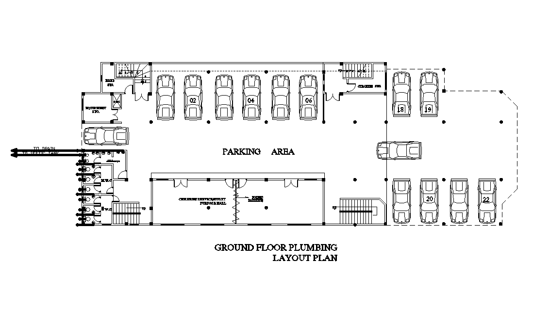 Ground floor plumbing layout of 45x18m church plan is given in this Autocad drawing file. Download now.