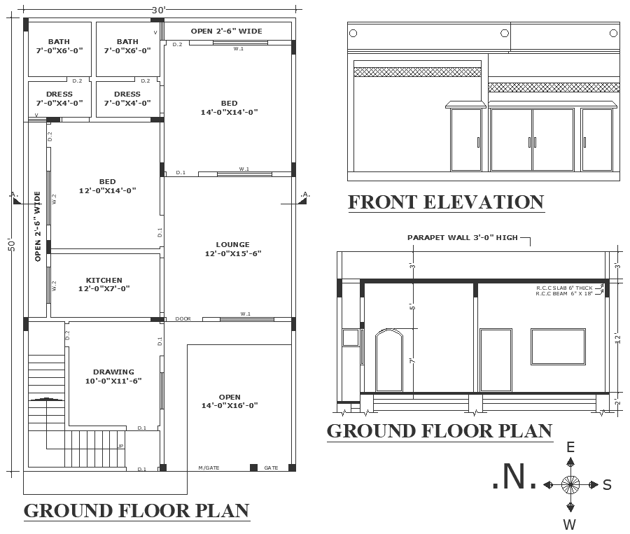 Ground floor section details with floor plan details dwg autocad drawing .