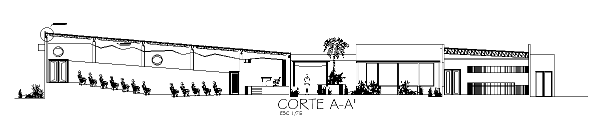 Ground floor section view of the 126x54m hotel building is given in this AutoCAD drawing model. Download now.