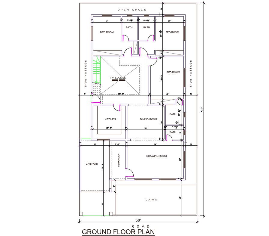 Ground floor single story 3bhk house plan is available in this AutoCAD DWG drawing file.Download Autocad DWG file.