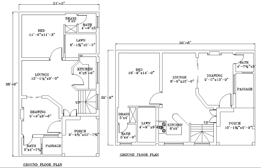Ground floor single story house plan of the sizes 21'X38' and 36'6"X25'.Download Autocad DWG file.