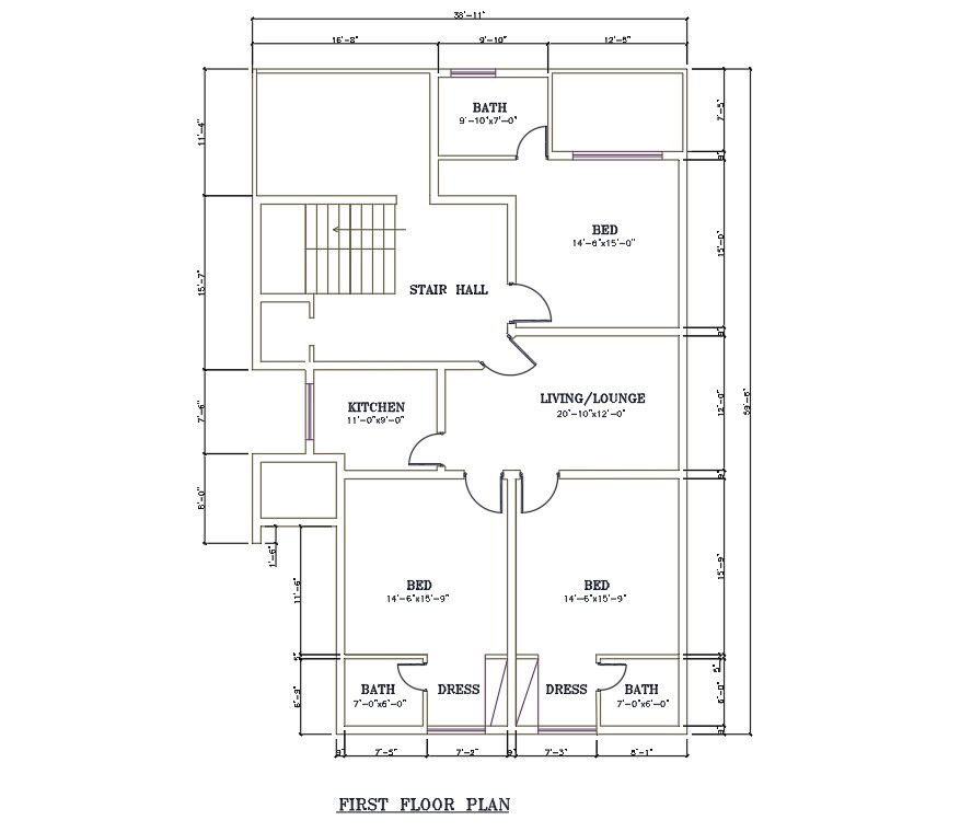 Ground floor single story house plan of the sizes 39'X60'. Download Autocad DWG file.