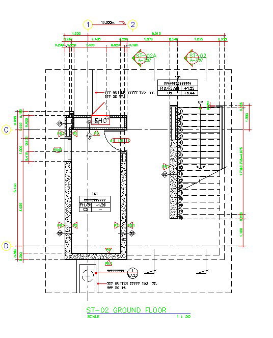 Ground floor staircase sectional details are given in this AutoCAD DWG Drawing File. Download the AutoCAD file.