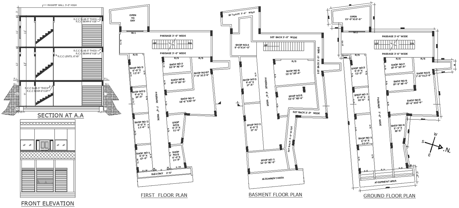 Ground level and plinth level details with elevation section and floor plan details dwg autocad drawing .
