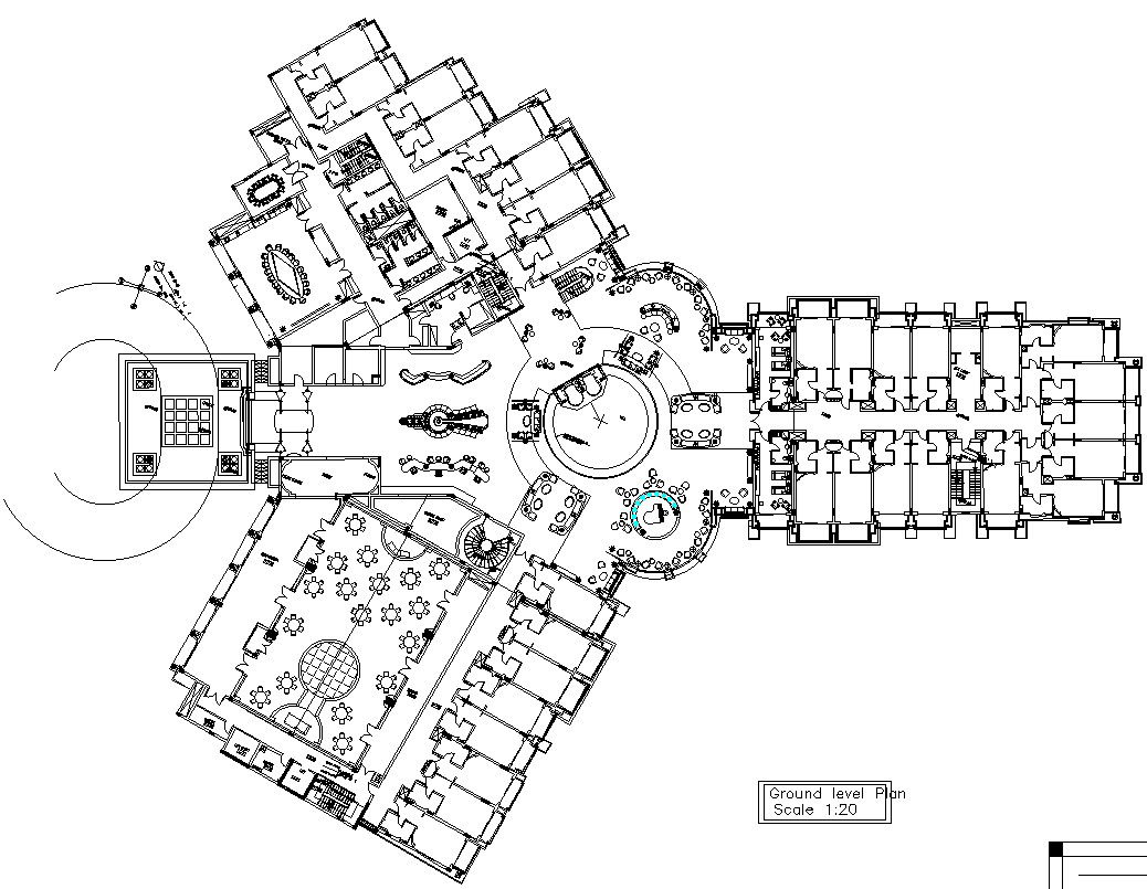 Ground level plan of hotel in AutoCAD, dwg file.