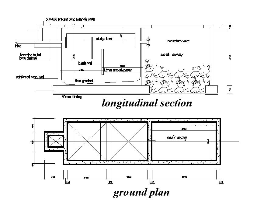 Ground plan of septic tank is given in this Autocad drawing file. Download now.