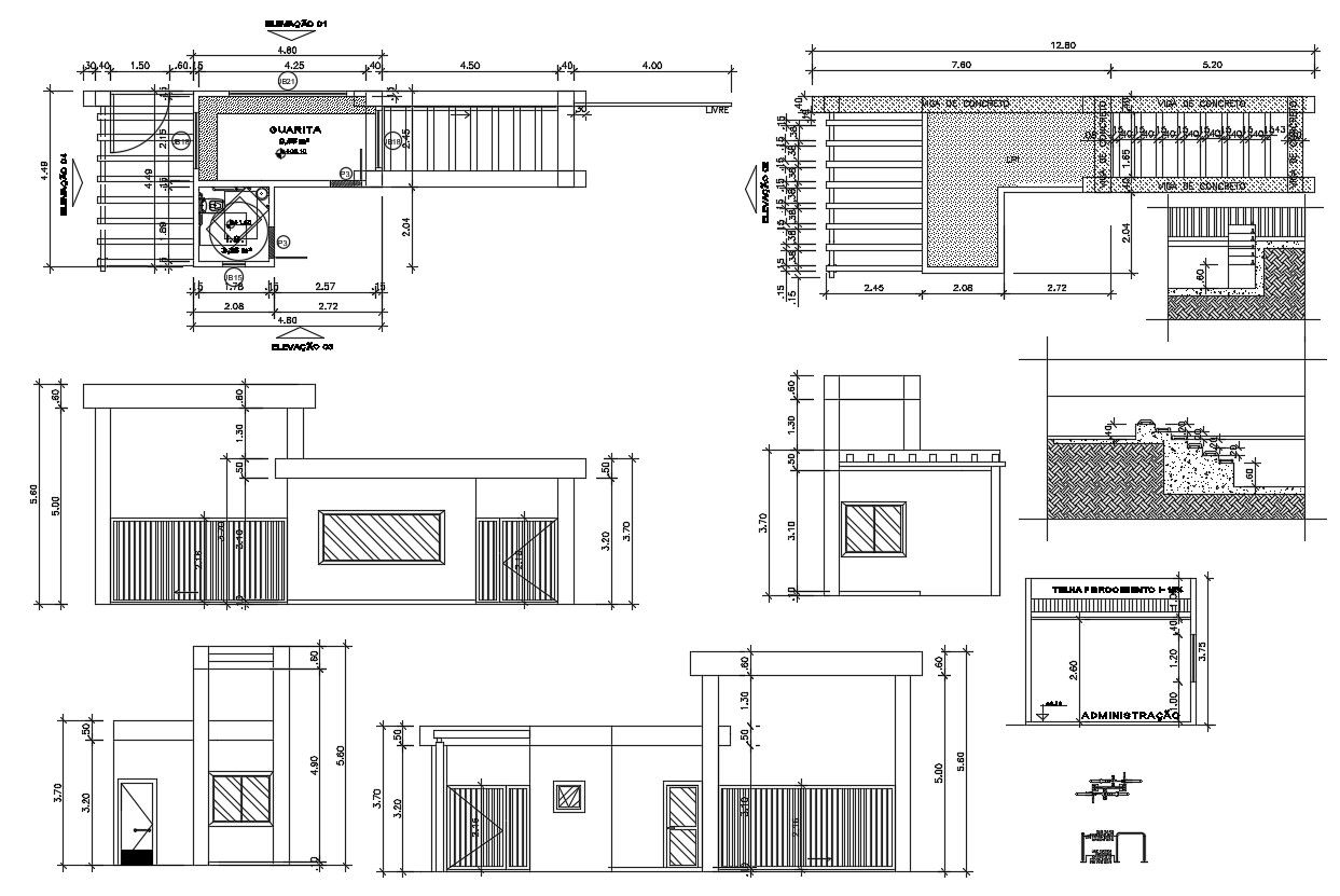 Guard House 2d CAD Drawing Elevation Design and Staircase Layout File