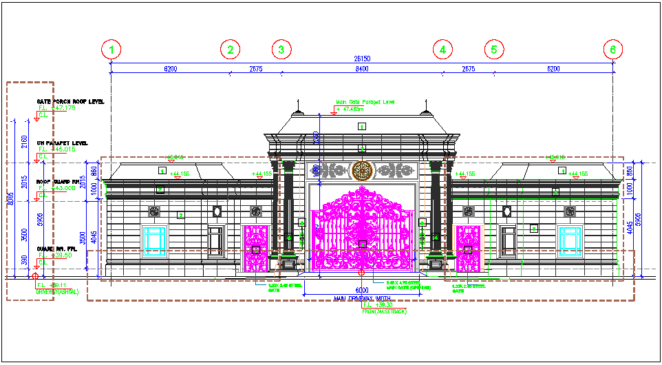 Guard house design with door and column view dwg file