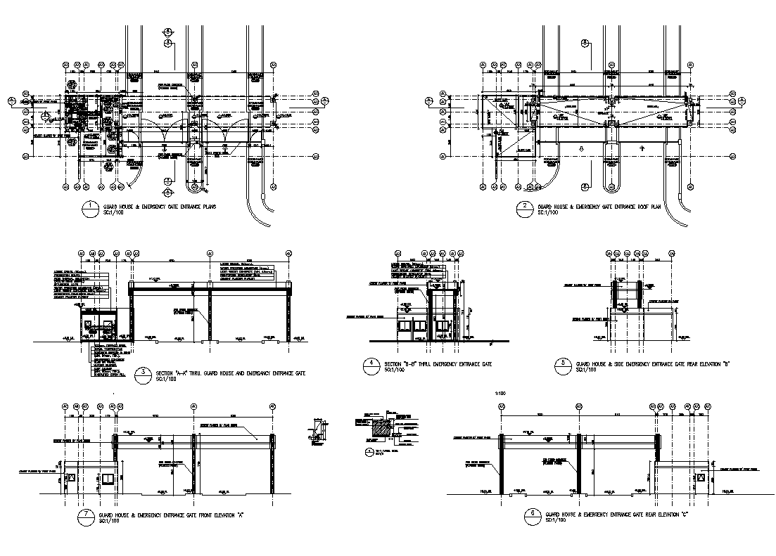 Guard housing detail elevation, plan and section 2d view layout dwg file