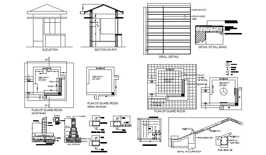 Guard room of corporate office elevation, section, plan and auto-cad details dwg file