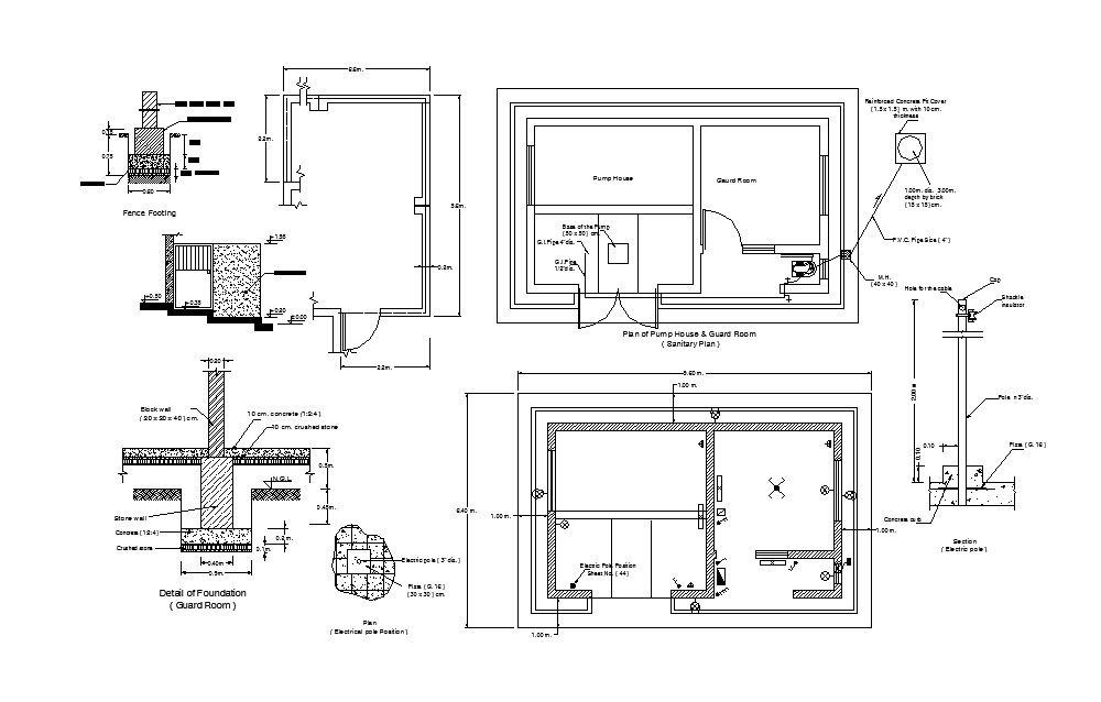 Guard room of pump house plan, foundation and auto-cad details dwg file
