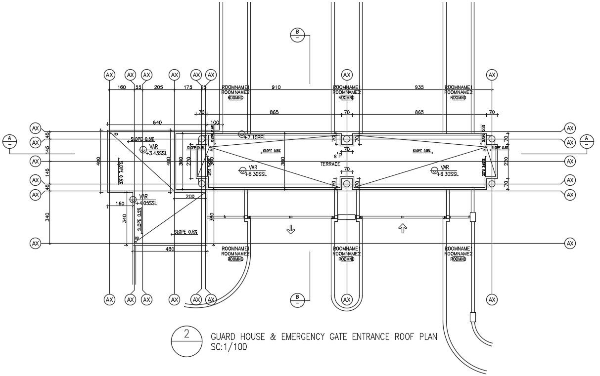 Guard house roof plan is given in this Autocad drawing file. Download now.