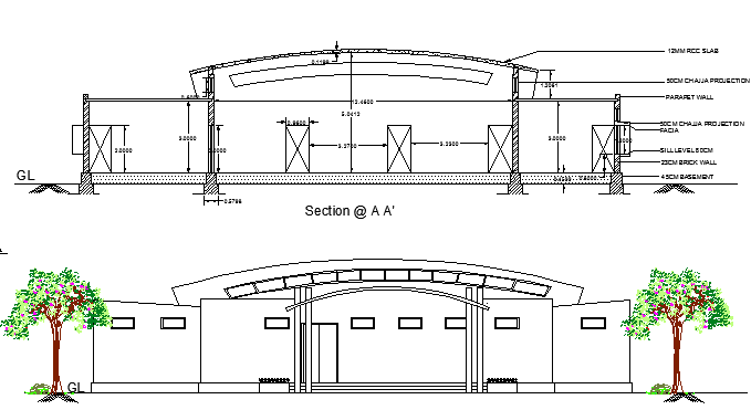 Guest house for hospital staff elevation and sectional view dwg file