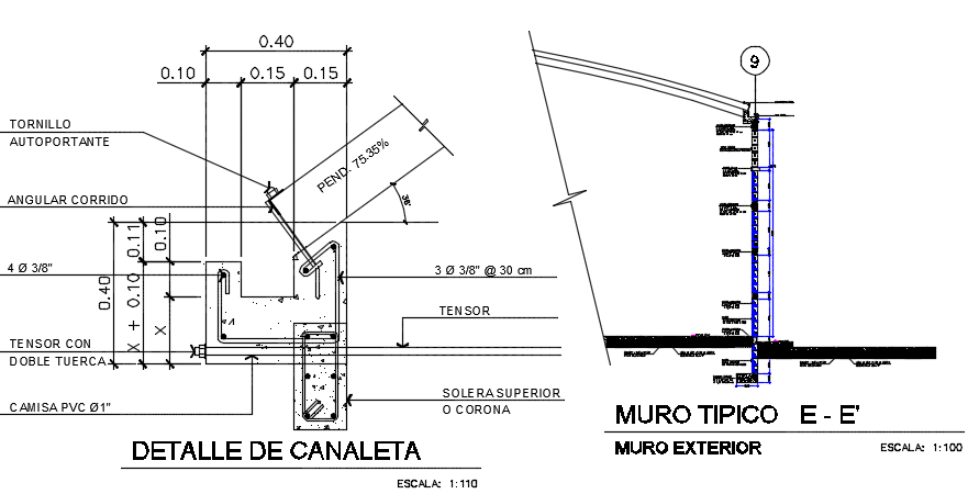 Gutter plan detail and typical wall detail dwg file
