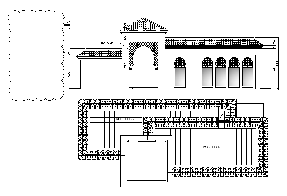 Gym front view and roof detail cad drawing are given in this cad file. Download this 2d cad file now.