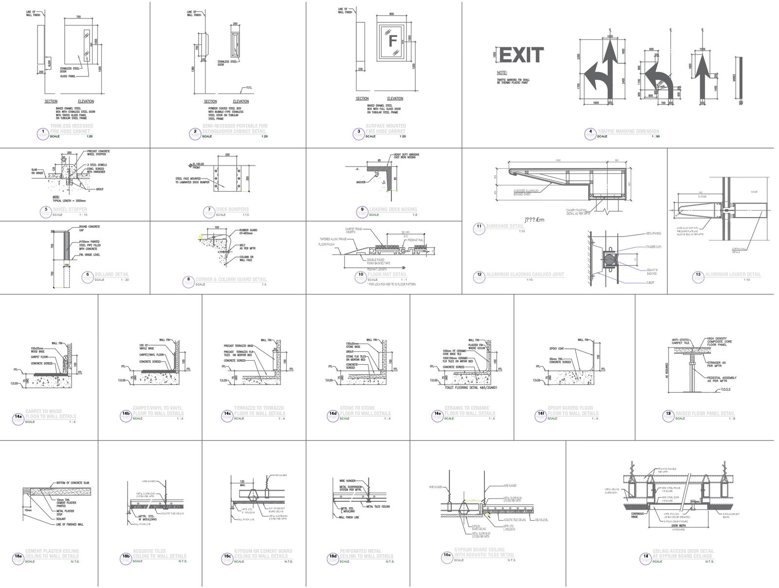 Gypsum board with acoustic tile detail and perforated metal ceiling to wall detail dwg autocad drawing.