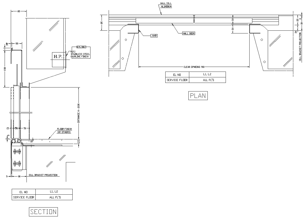 Hall door section and plan detail DXF AutoCAD drawing