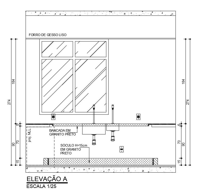 Sink section detail DWG with vent, dimension, water closure info