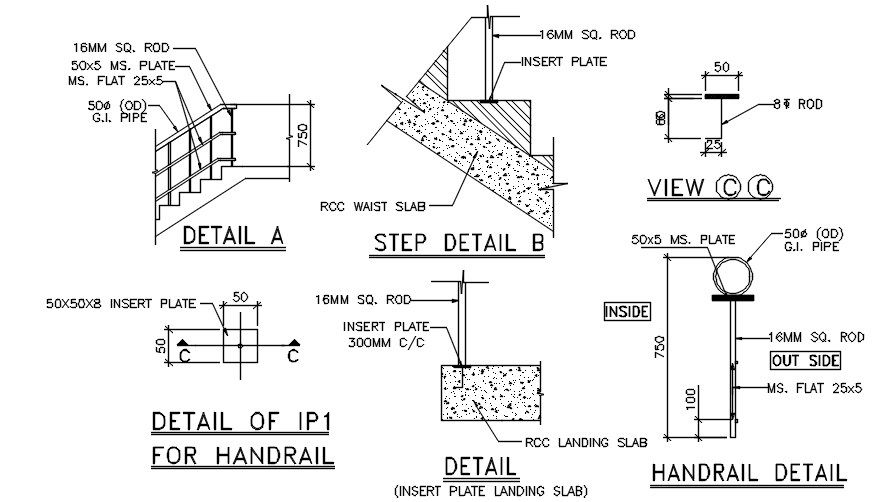 Hand rail detail of a staircase. Download AutoCAD DWG file.