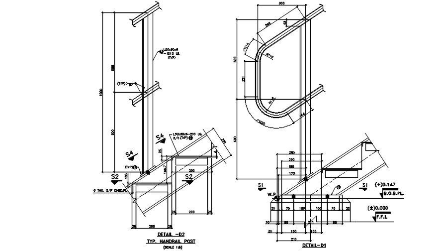 Handrail post section detailed plans are given in this 2D AutoCAD DWG drawing. Download the free AutoCAD 2D DWG file.