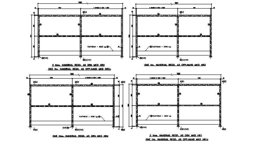 Handrail typical section details are given in this 2D AutoCAD DWG drawing. Download the AutoCAD 2D DWG file.