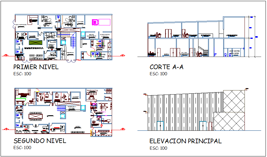 Health center design view with primary and second floor plan with section and elevation dwg file