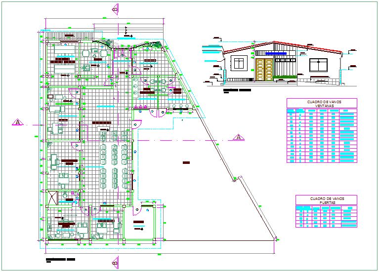 Health center plan & elevation with door, window schedule dwg file