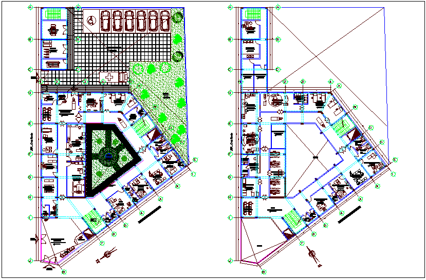 Health center plan view with landscape view dwg file