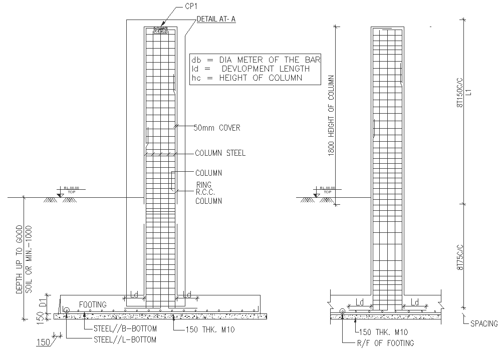 Height of column details dwg autocad drawing .