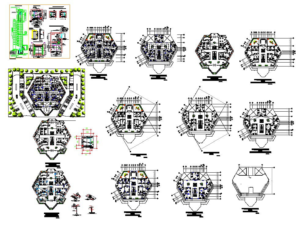 Hexagonal shape high rise building CAD structural block autocad file