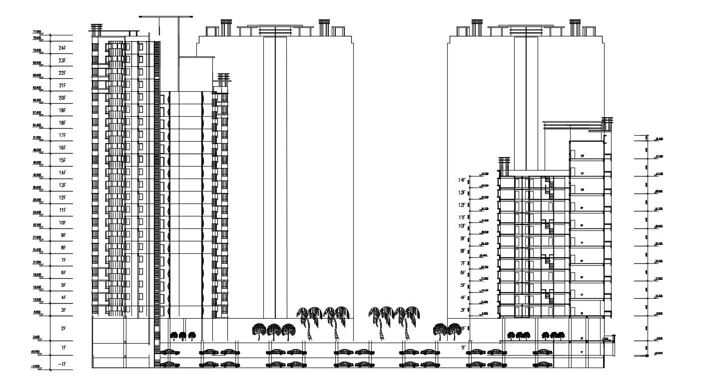 High Rise Apartment Sectional Elevation CAD Drawing