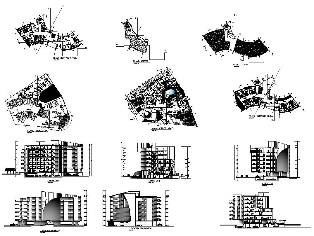 High Rise commercial building elevation, plan and section 2d view layout file