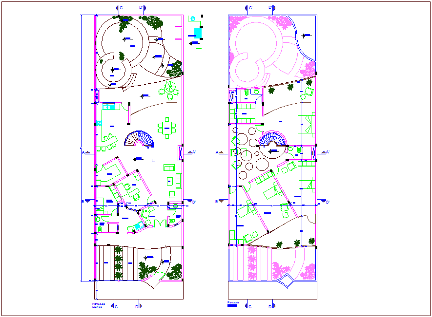 High and low plan of detached house dwg file