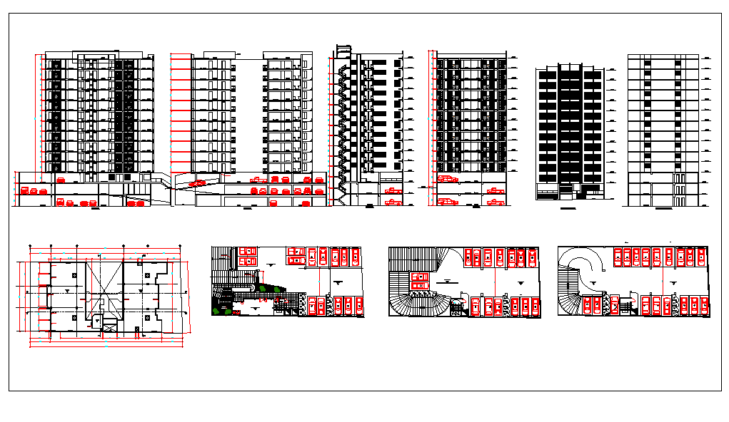 High rise building elevation, plan and section dwg file
